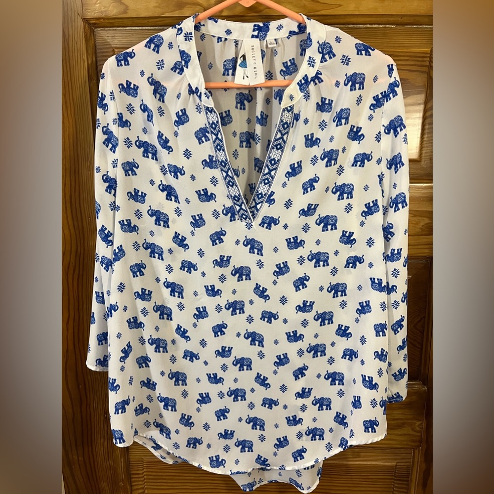 White V-Neck Boho Sheer Tunic Blue Elephants Embroidered Society Girl L